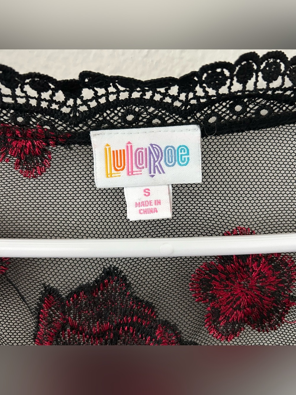 Lularoe Long Sheer Lace Duster Sweater S Black Red Embroidered Floral Whimsigoth - Picture 9 of 9